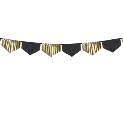Guirlanda decorativa de bandeirolas preto e dourado em fundo branco
