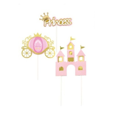 Toppers para bolos rosa e dourados com tema de princesa, carruagem e castelo