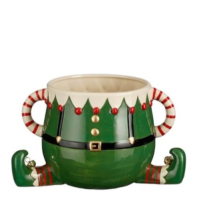 Caneca decorativa verde com design de traje de elfo e alças listradas