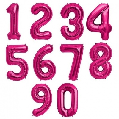 Balões rosa metálicos em formato de números de 0 a 9