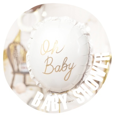 Balão branco redondo com texto 'Oh Baby' dourado para festa Baby Shower