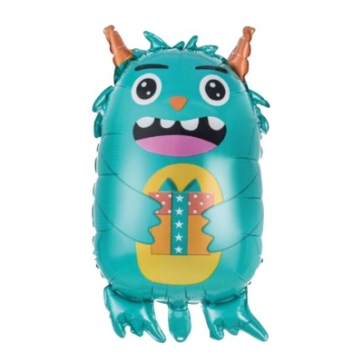 Balão azul em forma de monstro segurando presente colorido