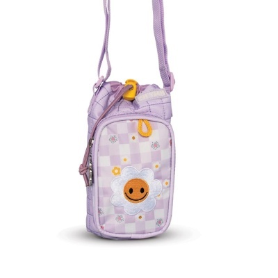 Mala pequena lilás com flor sorridente bordada