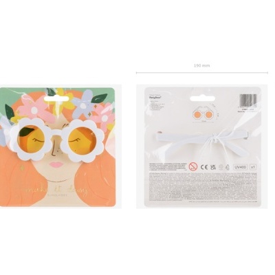 Óculos de criança com armação branca de flores e lentes amarelas em embalagem decorada