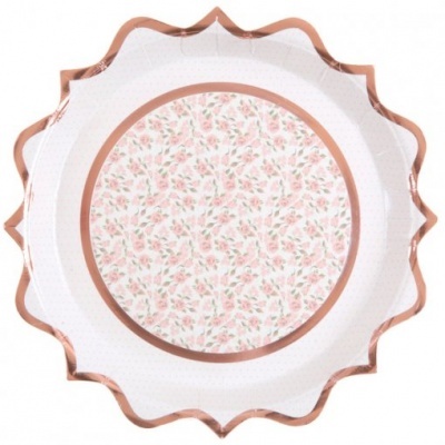 Prato decorativo branco com borda ondulada cor de cobre e padrão floral