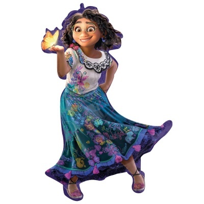 Personagem animada jovem mujer com vestido colorido e borboleta na mão