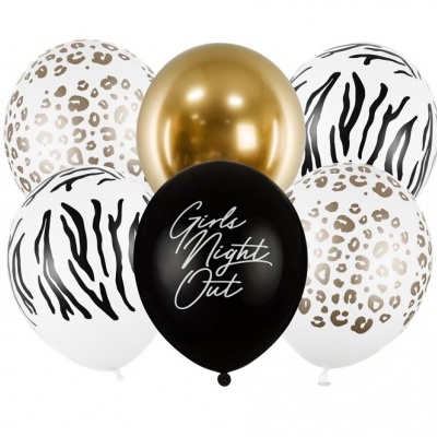 Conjunto de seis balões com padrões animal print e texto Girls Night Out