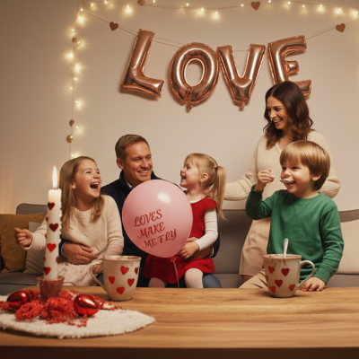 Balão cor-de-rosa com texto LOVES MAKE ME FLY e decoração de coração numa sala acolhedora com família sentada num sofá cinzento.