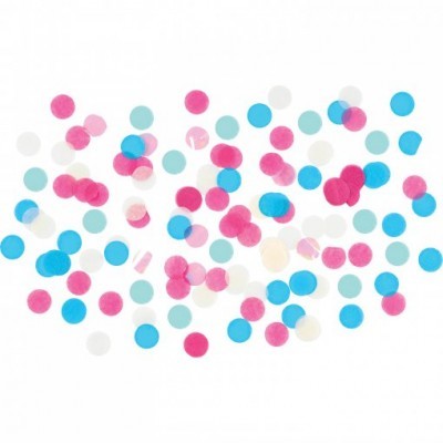 Confetes redondos rosa, azul e branco sobre fundo branco