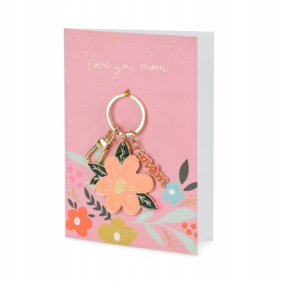Porta-chaves florido com texto love you mom em cartão cor-de-rosa