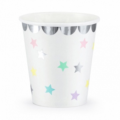 Copo descartável branco com estrelas coloridas e borda prateada