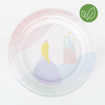 Prato de papel decorado com princesa, castelo e ícone vegetal