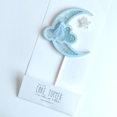 Cake topper lua azul, nuvem com pompom e estrela Make a Wish