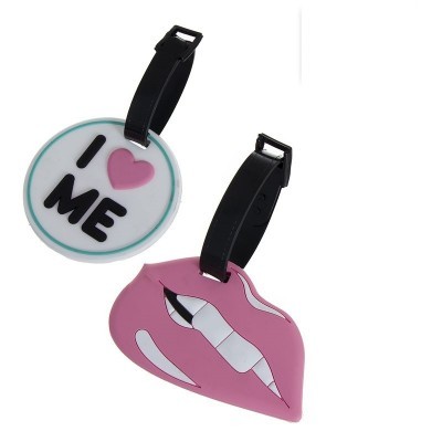 Etiquetas para bagagem em silicone, uma branca com 'I ♥ ME' e outra com lábios rosa e dentes