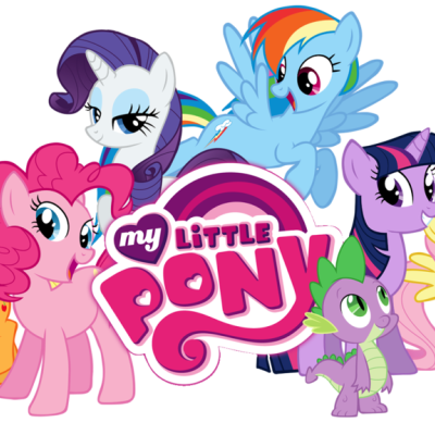 Personagens coloridos da animação 'My Little Pony' com logo no centro