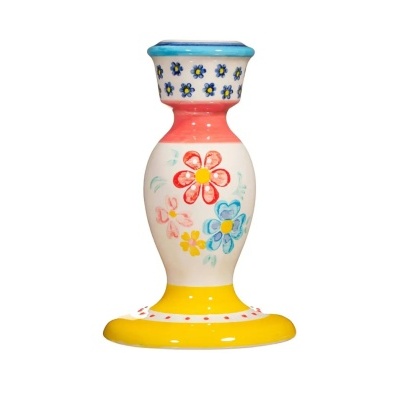 Castiçal cerâmico pintado à mão com flores coloridas
