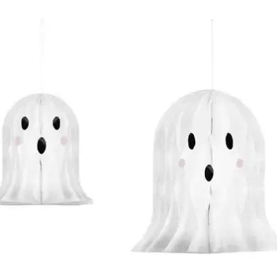 Duas lâmpadas de teto em forma de fantasma brancas com olhos e boca pretos e bochechas rosas.