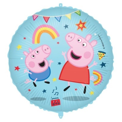 Balão azul com personagens Peppa Pig e George Pig e elementos coloridos ao redor