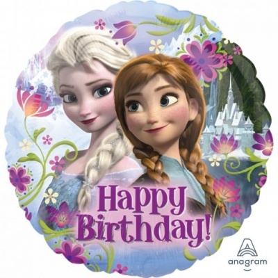 Balão redondo com as personagens Elsa e Anna do Frozen e texto Happy Birthday