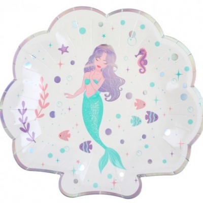 Prato descartável formato concha com ilustração de sereia e peixes coloridos