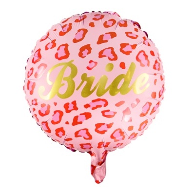 Balão redondo rosa com padrão de leopardo e texto Bride em dourado