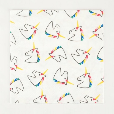 Guardanapo de papel branco com padrão de unicórnios estilizados coloridos
