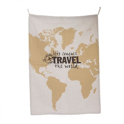 Mochila saco de tecido com estampa de mapa mundi e texto de viagem