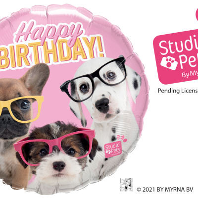 Balão cor-de-rosa de aniversário com cães a usar óculos coloridos.