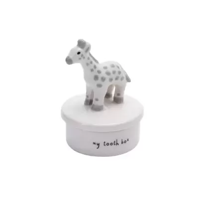 Caixa redonda branca com tampa e figura de girafa cinzenta