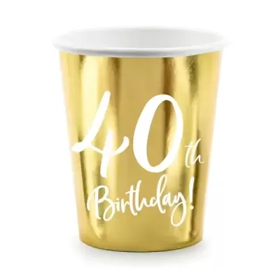 Copo de festa dourado com texto '40th Birthday!' em branco