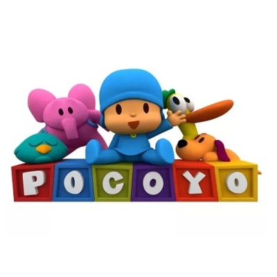 Personagens animados sentados em blocos coloridos formando a palavra POCOYO