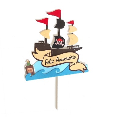 Topper de bolo navio pirata com 'Feliz Aniversário' e garrafa de rum