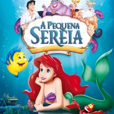 Cartaz do filme animado A Pequena Sereia com personagens e título em ambiente subaquático