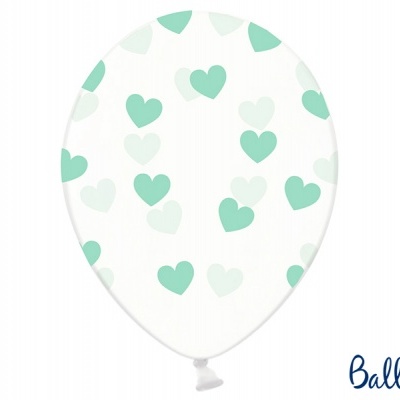 Balão branco com corações verdes e azul claro e logo STRONG Balloons