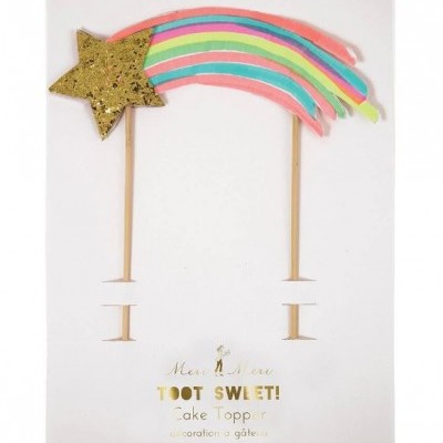 Toppers de bolo estrela dourada com cauda colorida e texto dourado no cartão