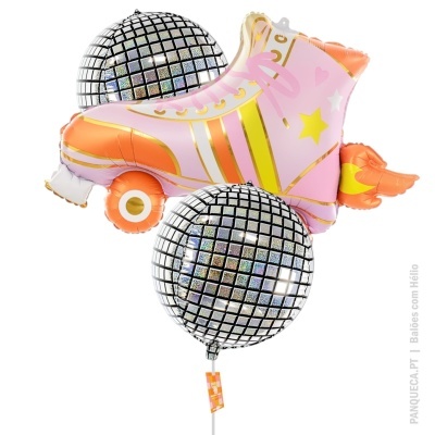 Balões decorativos de patins rosa e balões prateados quadriculados