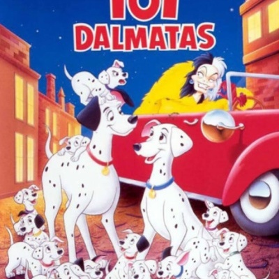 Cartaz do filme 101 Dálmatas com dálmatas e uma mulher num carro vermelho