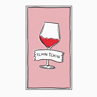 Desenho de copo de vinho com vinho tinto e texto TCHIN TCHIN