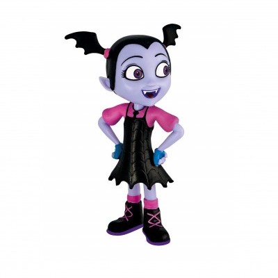 Figurinha de personagem roxa com vestido preto e rosa e botas pretas