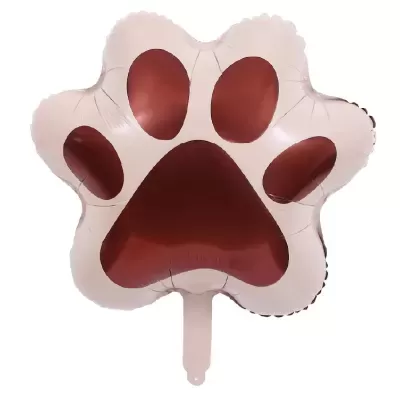 Balão formato pata de animal branco com detalhes vermelhos.