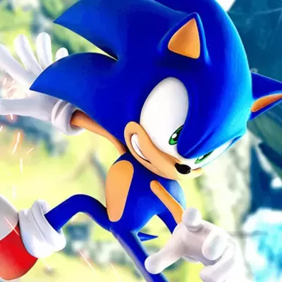 Personagem animado Sonic azul com luvas brancas e sapatos vermelhos em pose dinâmica
