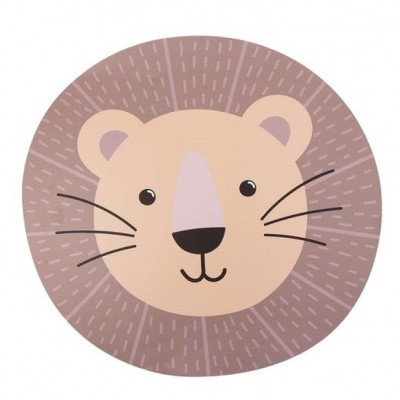 Desenho redondo do rosto de um leão em tons de castanho e bege