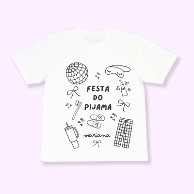 T-shirt branca com desenhos a preto e texto FESTA DO PIJAMA