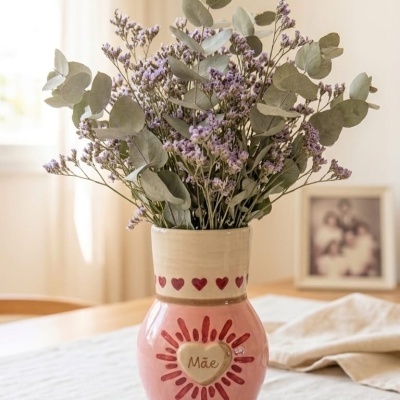 Jarro de cerâmica rosa com flores secas lilases num ambiente interior
