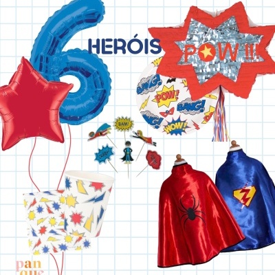 Decoração de festa com balões, capas e elementos de super-heróis