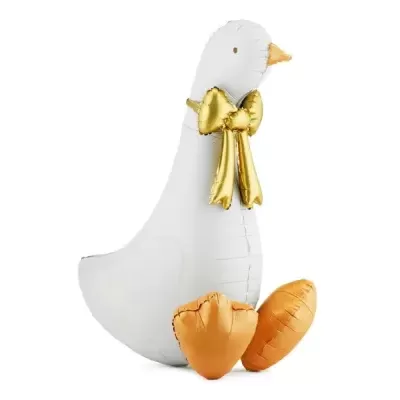 Balão metálico gigante em forma de pato branco com bico, pés e laço dourados