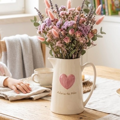 Jarro branco com coração rosa e flores secas em mesa de madeira