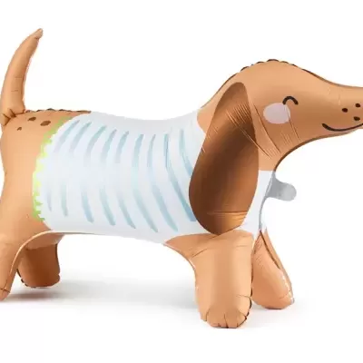 Balão metalizado em forma de cão dachshund castanho e branco