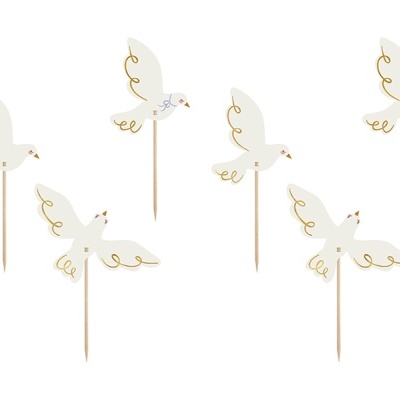Palitos decorativos de bolo com pombas brancas e detalhes dourados