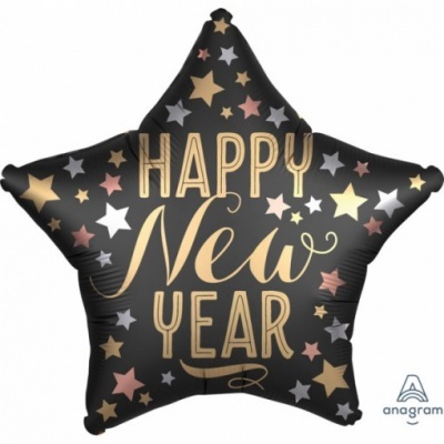 Balão estrela preto com texto dourado Happy New Year e estrelas coloridas